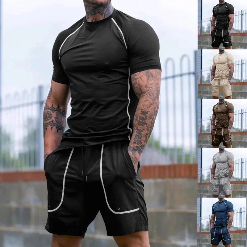 Lässiger Herren-Zweiteiler mit Rundhals und kurzen Ärmeln im sommerlichen Color-Blocking-Design