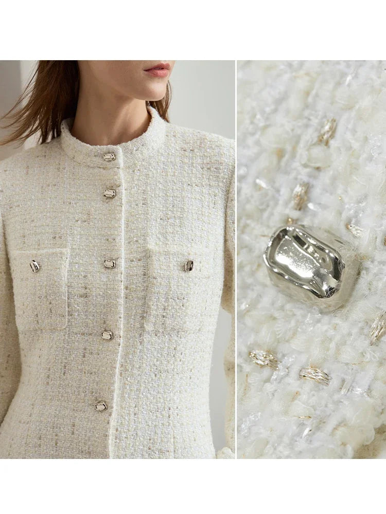 Damen Tweed-Wollmantel mit elegantem Stehkragen und Metallknopf für den Winter