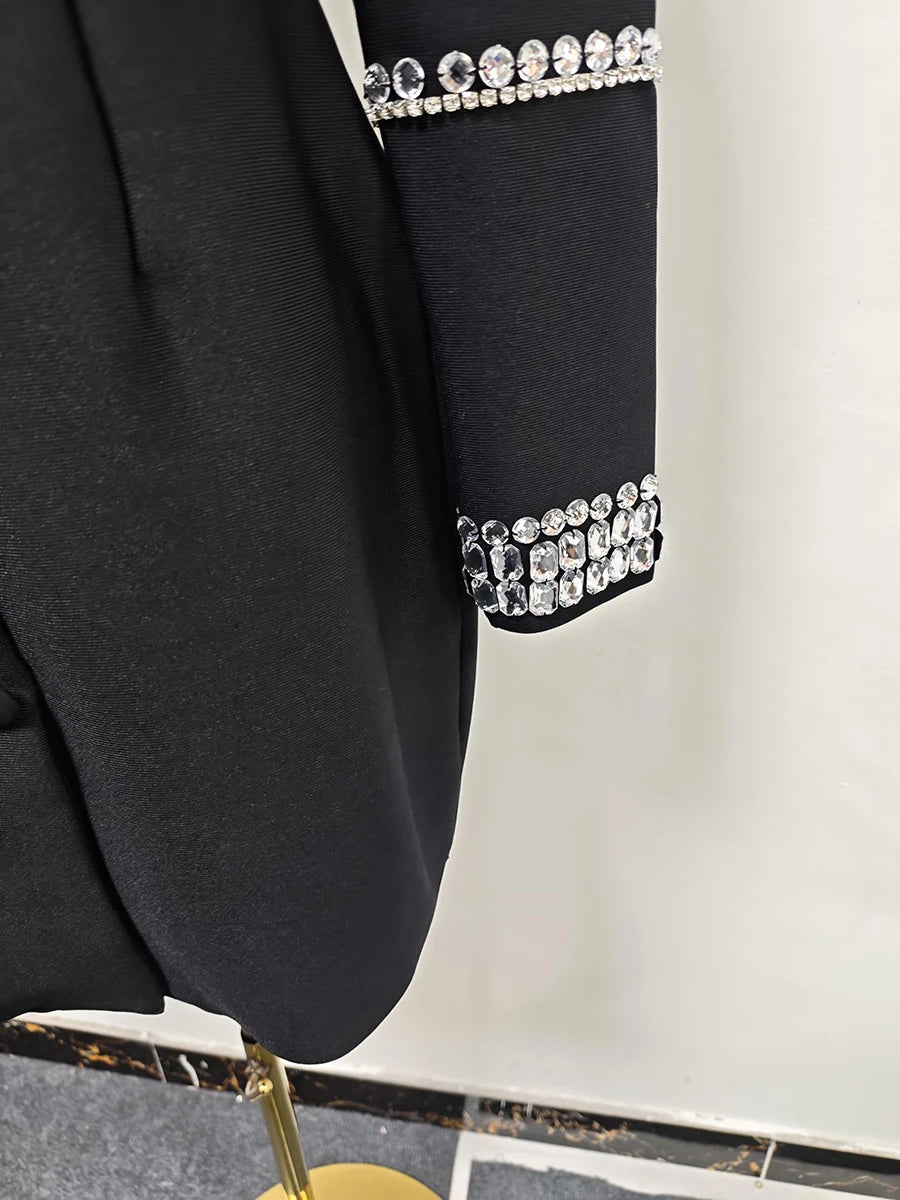 Zweiteiliges Damen-Set mit V-Ausschnitt, langen Ärmeln und Perlenverzierung – Patchwork-Top mit Knöpfen und hoch taillierte Hose