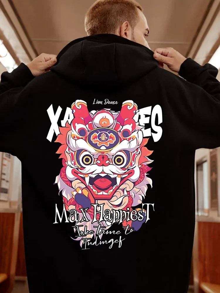 Winter Herren Lion Dance Grafik Pullover Hoodies Y2K Streetwear Fleece Mit Kapuze Sweatshirt Hip Hop Mode Übergroße Hoody Kleidung