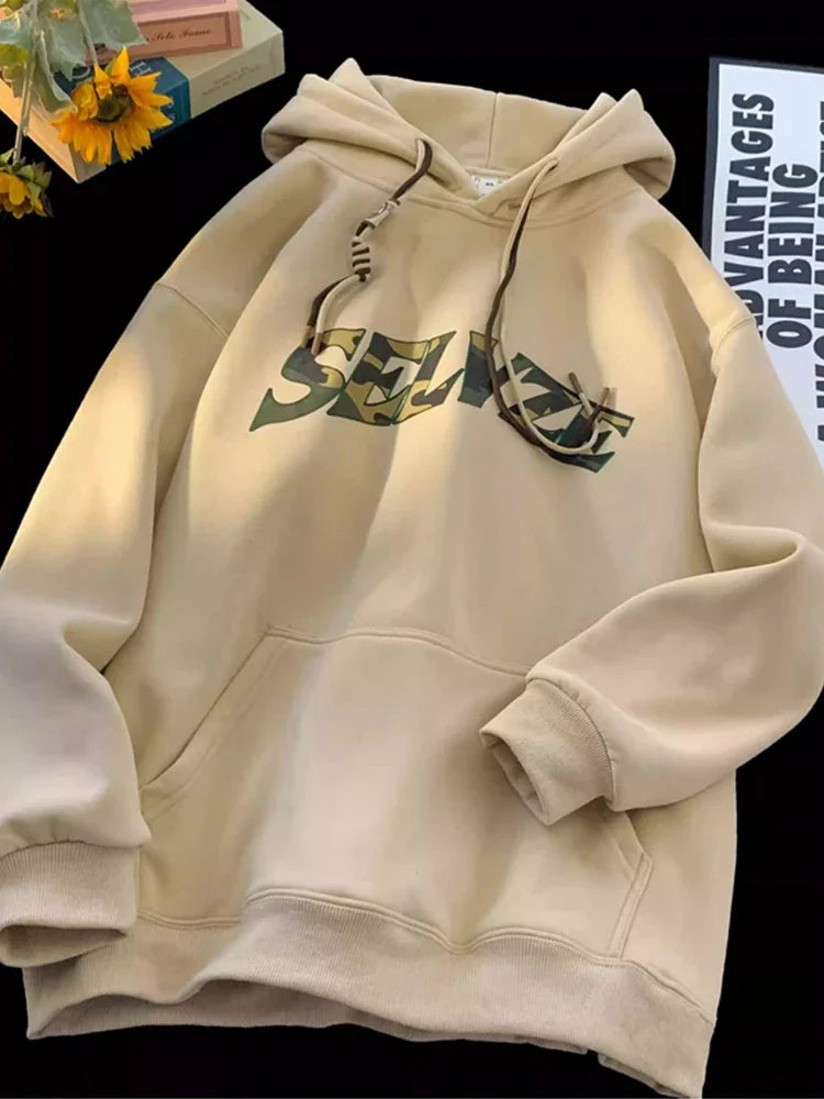 New in Camouflage Letter Printed Hooded Sweatshirts For Men Autumn Punk Hip Hop Fashion Hoodies Y2K Streetwear Fleece Hoody
