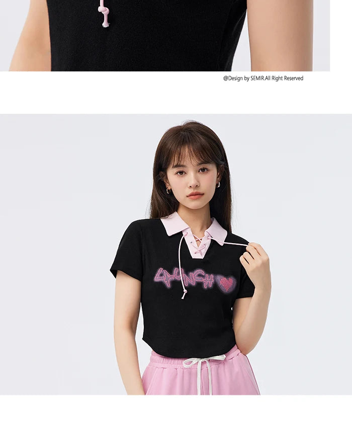 Semir Polo Shirt Frauen Kurzarm Frühling bestickt süß cool Retro Sommer T-Shirt neue Kontrast farbe enges Polo-Shirt