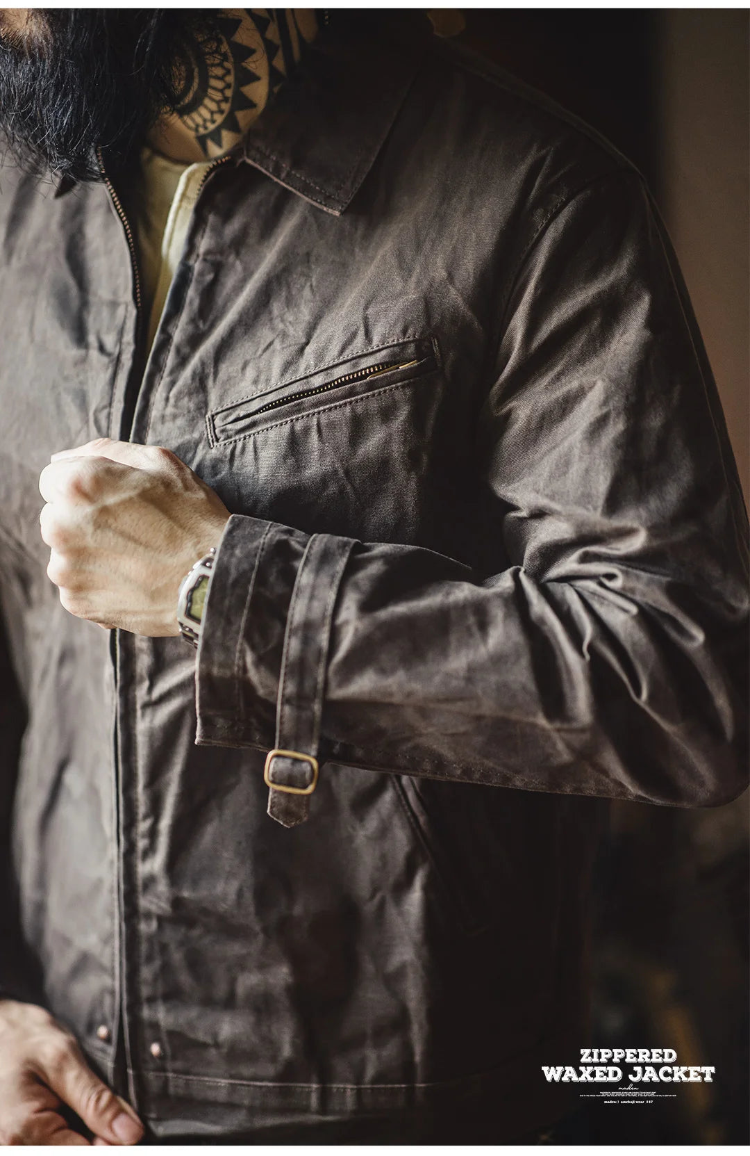 Herren Jacke Vintage IV Oil Waxed Canvas Revers Reißverschluss Taschen