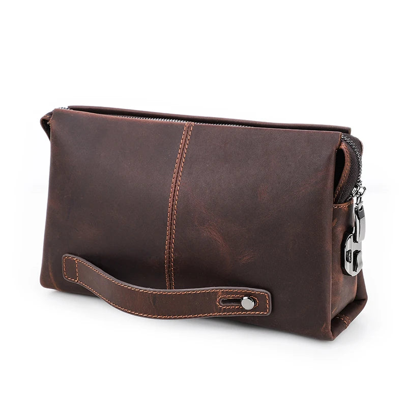 Braune Leder-Clutch mit Reißverschluss und Kettenriemen, Seitenriemen mit Druckknopf