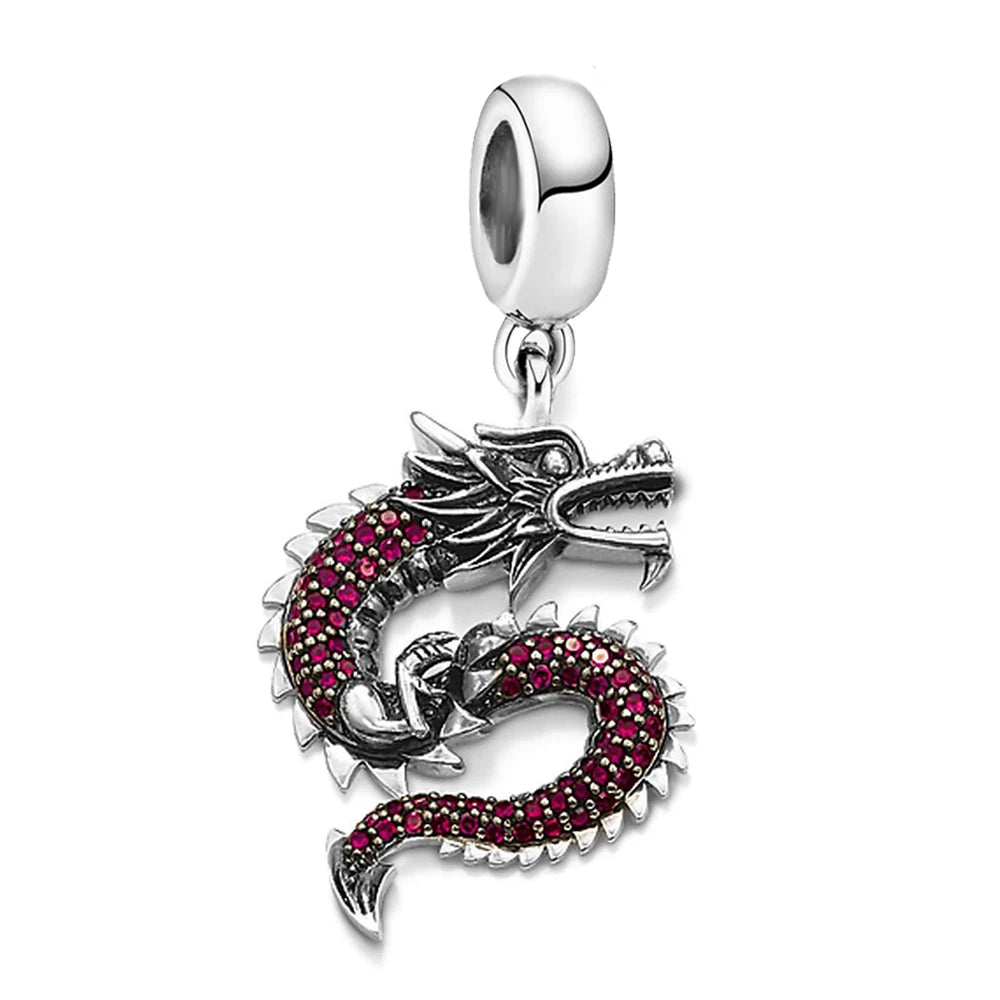 Silberner Drachen-Anhänger aus 925 Sterling mit rosarotem Steinbesatz