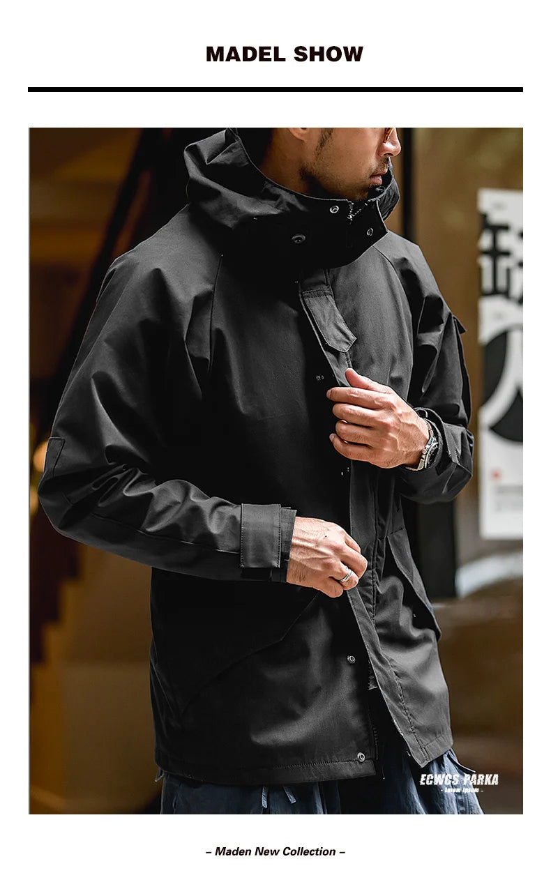 Herren Outdoor Sport Kapuzenjacke Windjacke Motorrad Stil Mittellanger Mantel Taschen Herbst