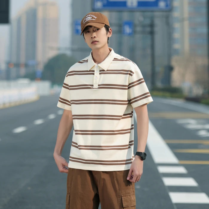 Vintage neue Marke Polos hirts Sommer Herren blau Streifen T-Shirt 100% Baumwolle Turn Down Kragen Kurzarm Tennis Sport Casual Tops