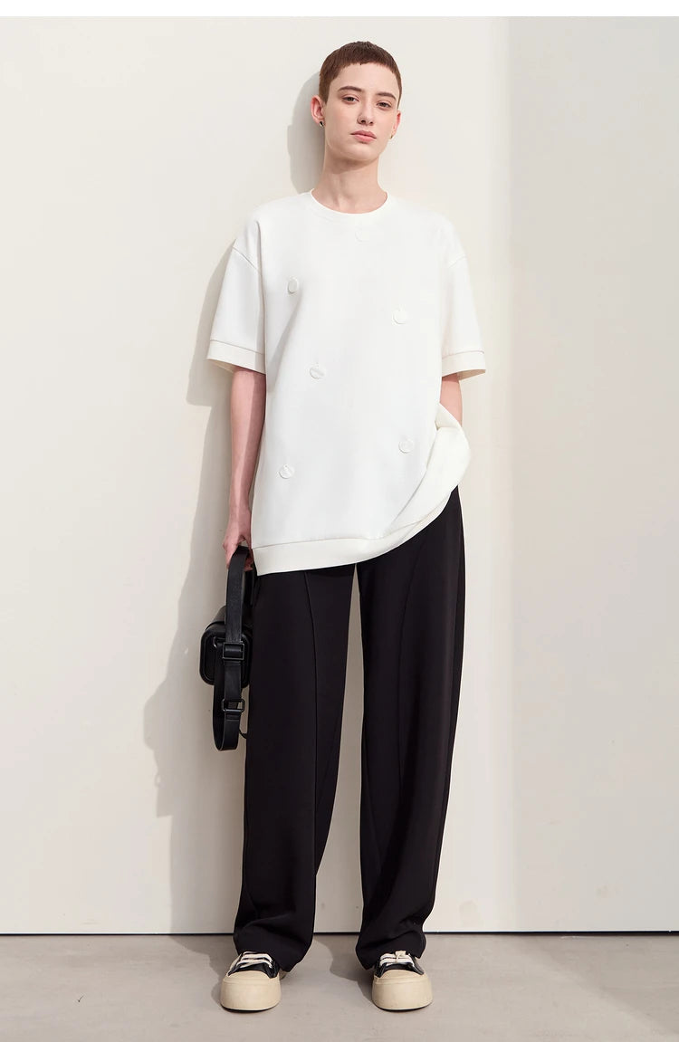 Damen T-Shirts im Minimalismus-Stil mit losem Patchwork und Dekoration