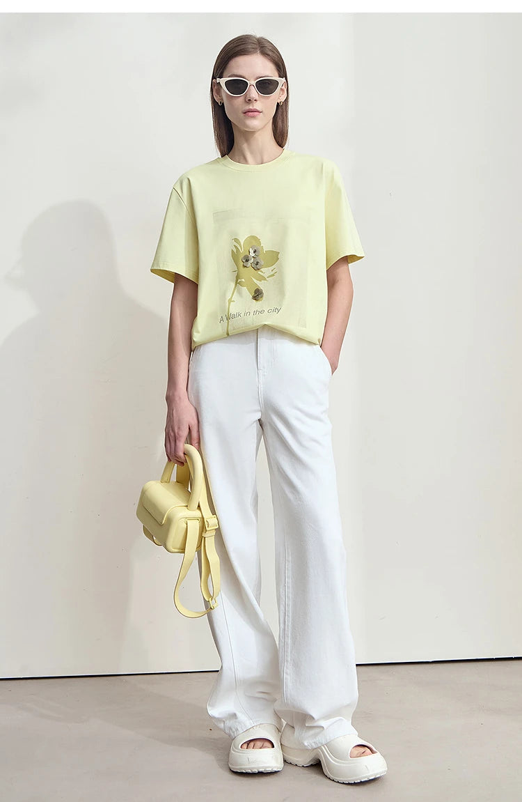 Damen T-Shirt mit minimalistischem O-Ausschnitt und Pailletten-Verzierung