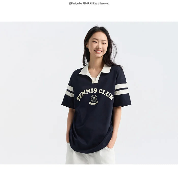 Semir Polo Shirt Frauen mittellange Baumwolle Buchstaben gedruckt Mode Sommer neue lose Kleidung College-Stil