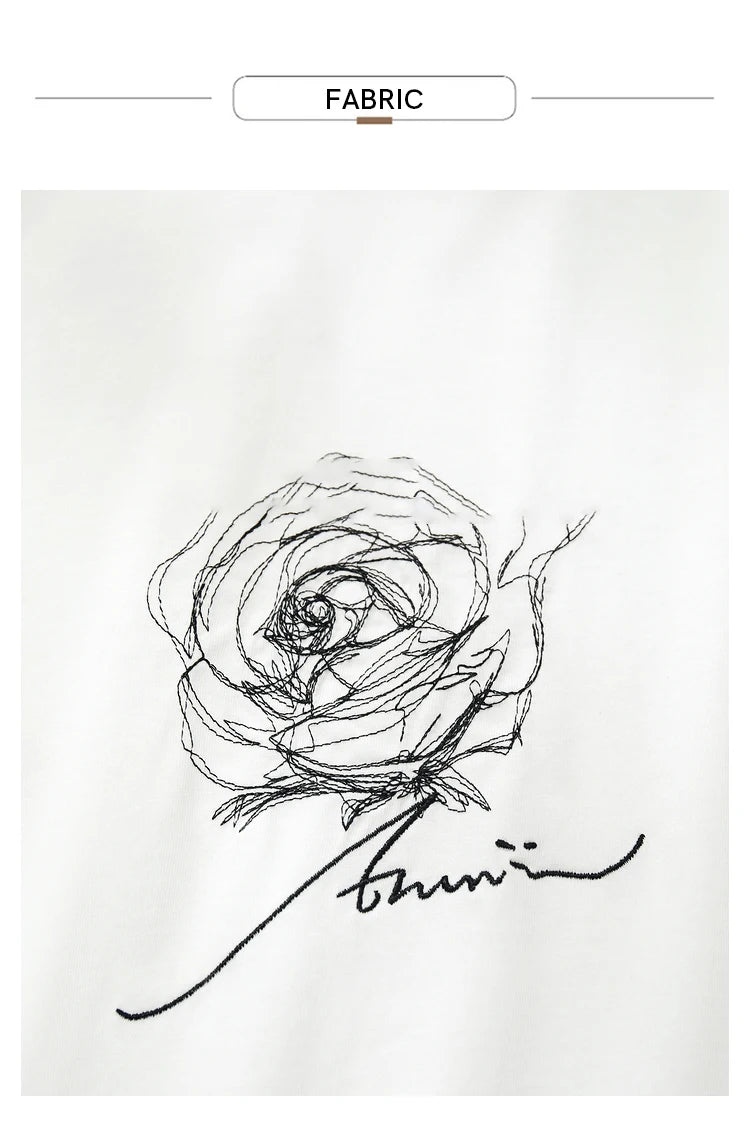 Damen Kurzarm-T-Shirt im minimalistischen Stil mit O-Ausschnitt und Stickerei