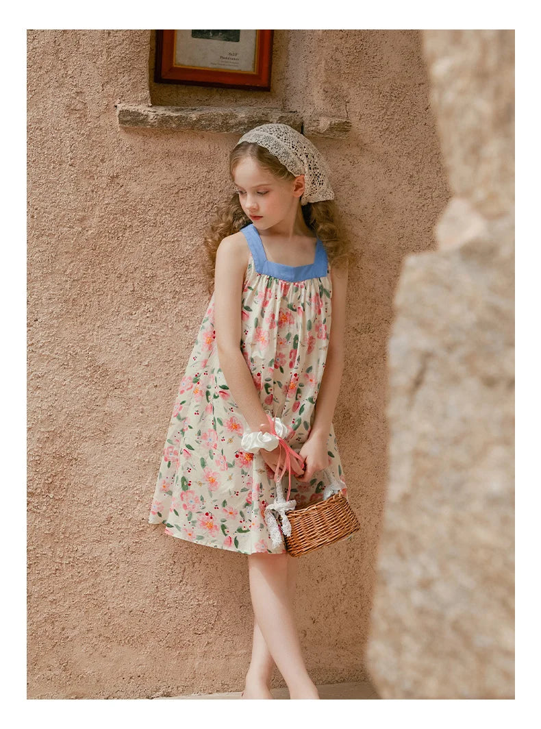 Sommerkleid für Mädchen aus 100% Baumwolle mit kurzen Ärmeln und niedlichem blauen Blumenmuster – geeignet für Kinder von 3 bis 14 Jahren (110cm-170cm)
