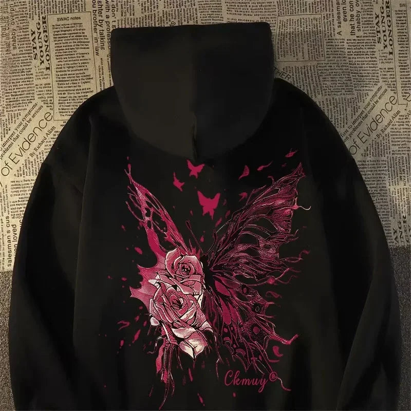 Herren Hoodie mit kreativer Schmetterling Rose Grafik im Hip Hop Stil