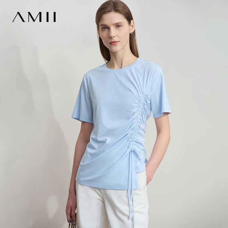 Damen Sommer T-Shirt mit Rundhals und Kordelzug in lässiger Form