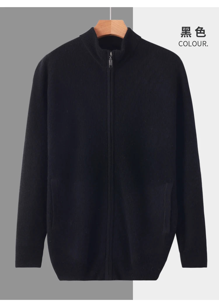 Stehkragen Reißverschluss Strickjacke Pullover Herrenmantel Business Casual Herbst Winter neue reine Wolle Strickjacke Männer Doppeltaschen