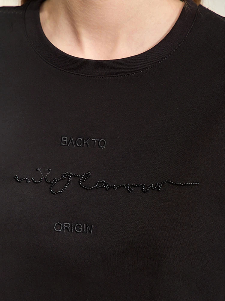 Damen T-Shirts im Minimalismus-Stil mit Kurzarm und Buchstaben-Stickerei