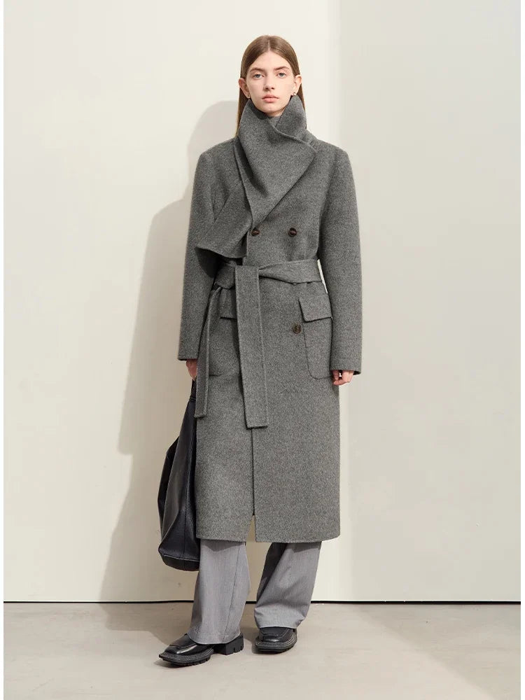 Damen Doppelseitiger Wollmantel mit asymmetrischem Schalkragen und Gürtel