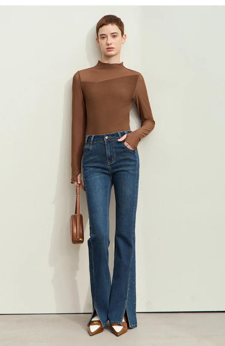Damen Mesh-T-Shirt im minimalistischen Design mit halbhohem Ausschnitt