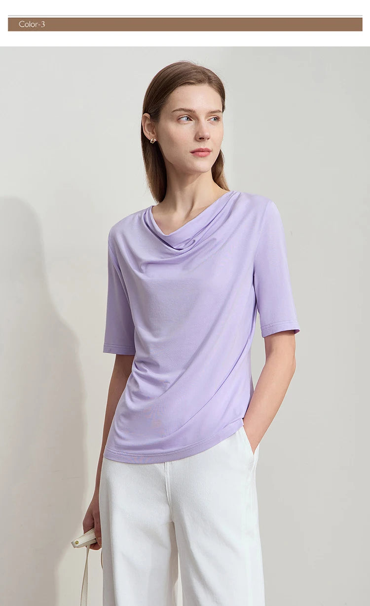 Damen T-Shirt mit drapierter Kragen- und besticktem Design aus modalem Strick