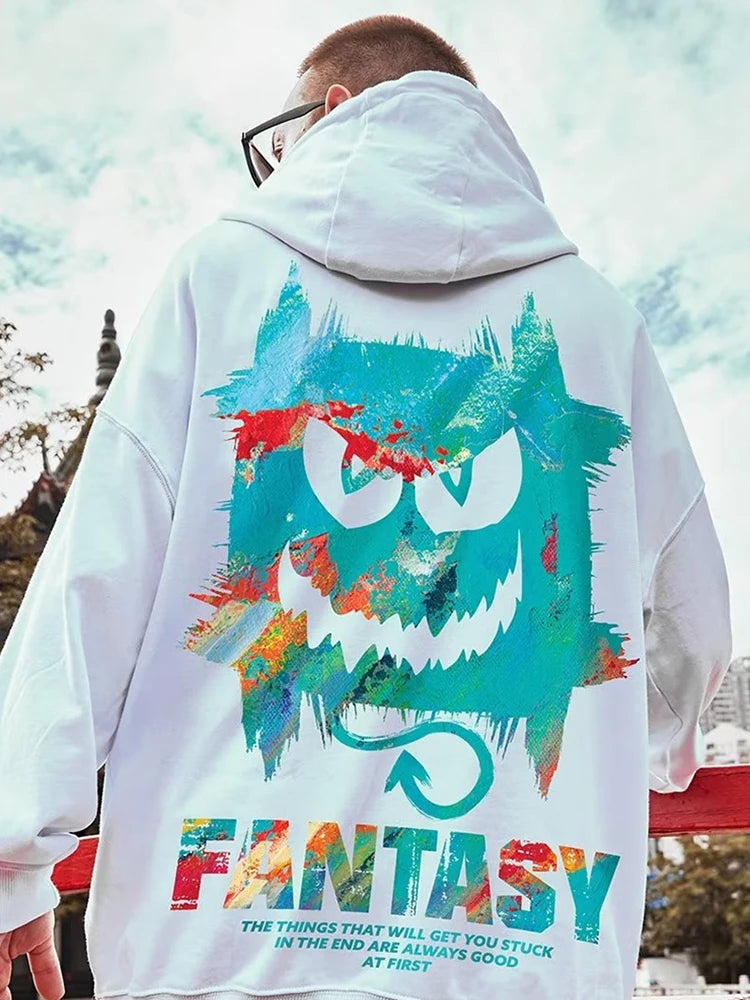 Herren Hoodie mit Graffiti-Teufel Druck im übergroßen Harajuku Stil