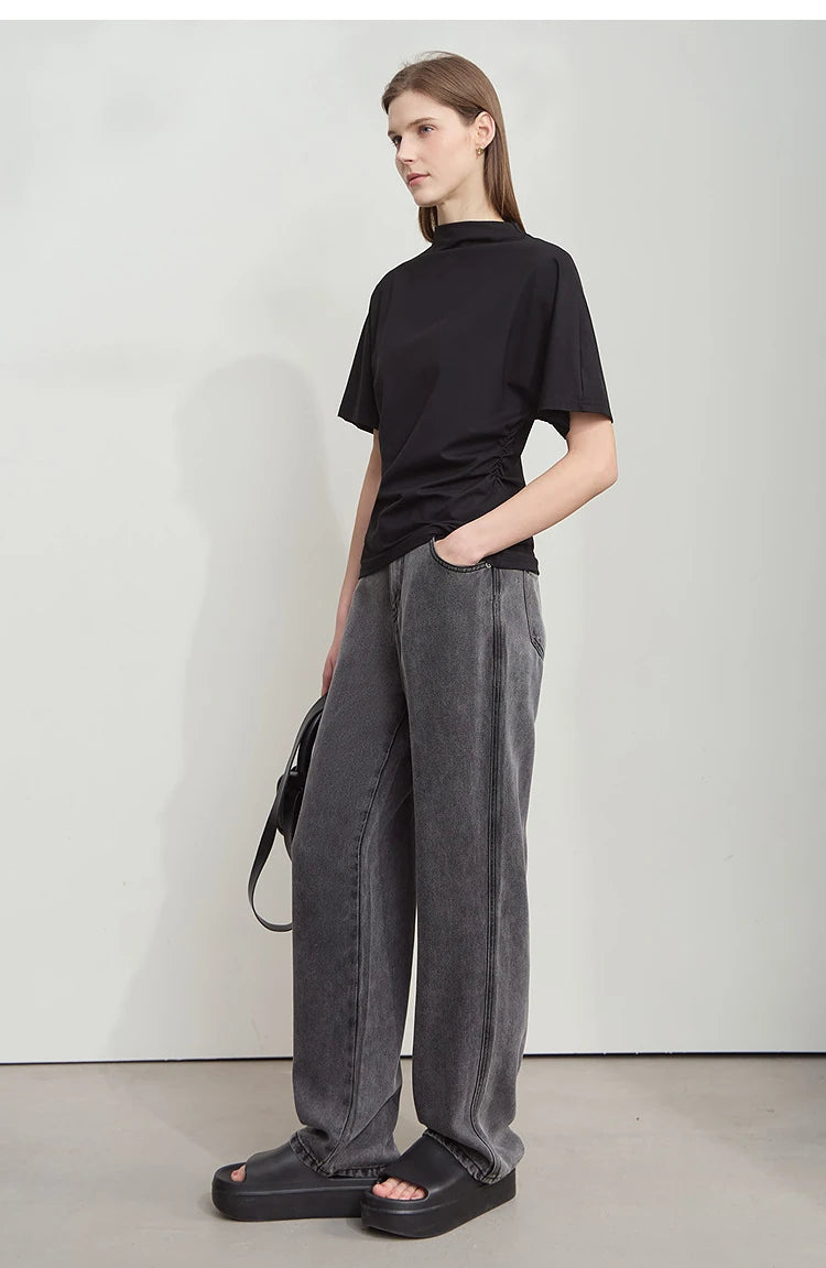 Damen T-Shirt im minimalistischen Sommer-Stil mit solidem Rollkragen und Kurzarm
