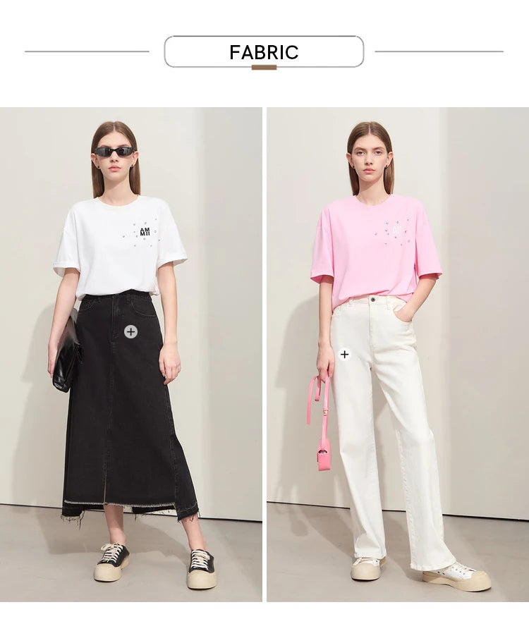 Damen T-Shirts im Minimalismus-Stil mit Stickerei und lässigen Ärmeln