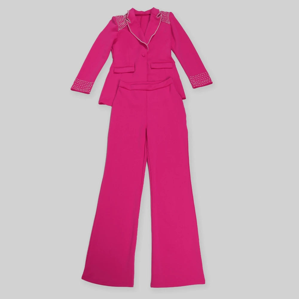 Zweiteiliges Damen-Set mit Applikationen, langärmligem Patchwork-Hemd und hoch taillierter Hose