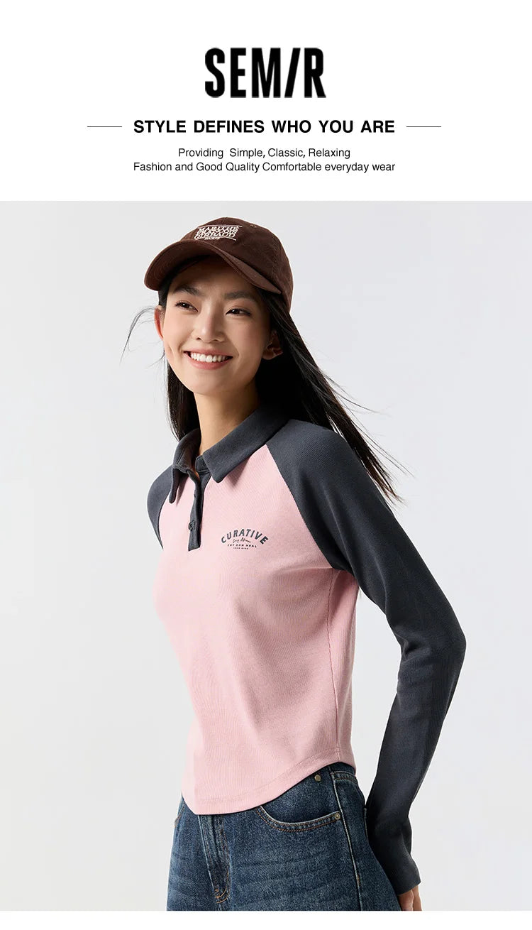 Semir Poloshirt für Damen, kurzer Stil, schmal, farbblockiert, Raglanärmel, 2024, Frühjahr, neues Oberteil mit Buchstabendruck