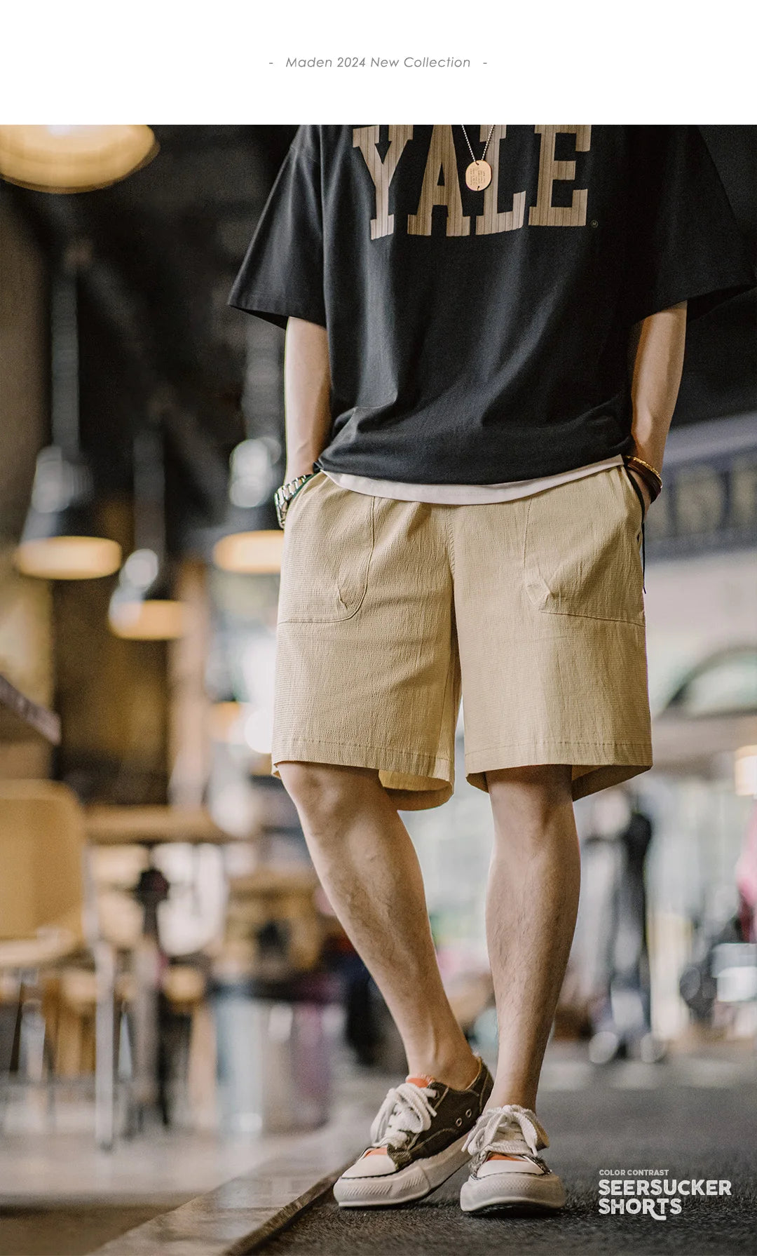 Männer Shorts aus atmungsaktiver Seersucker-Textur mit elastischer Taille und Kontrastfarbe
