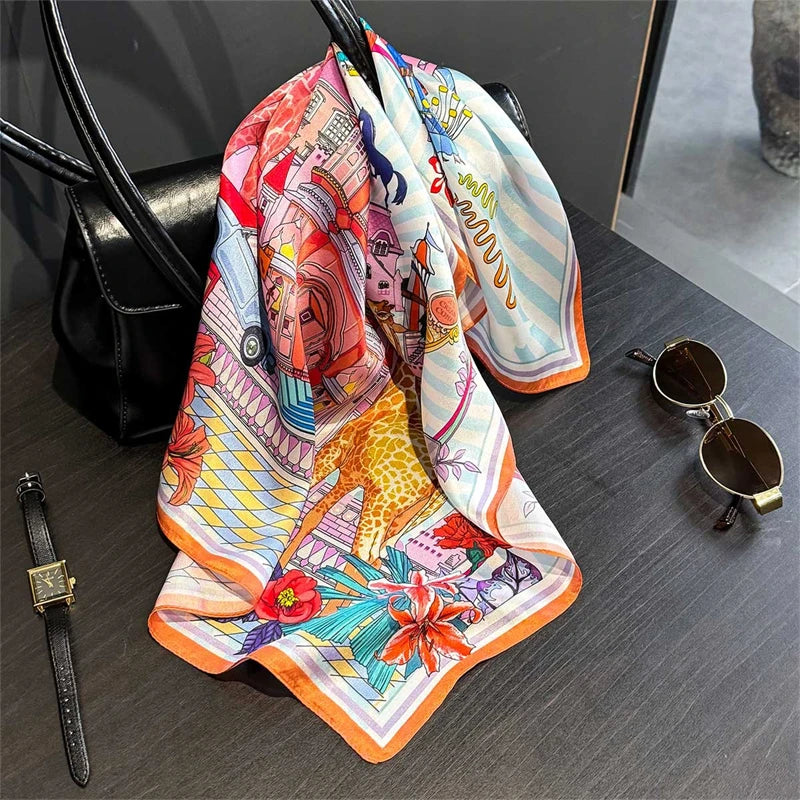 Damen Seidensatin Schal quadratisch Blumenprint Kopftuch Bandana Hijab D