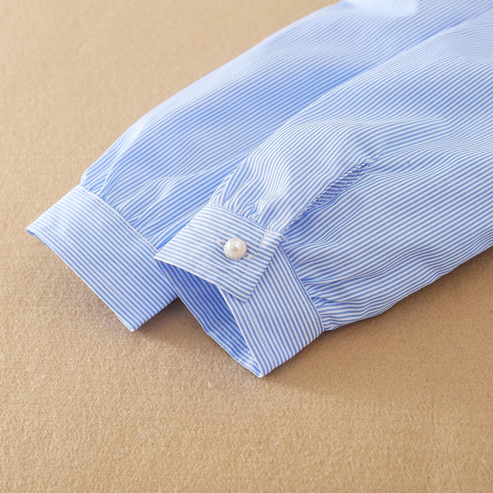 Mädchen-Langarmshirt, Kinder-Bluse mit Spitzenkragen, passend für Kinder im Alter von 5 bis 12 Jahren, 100 % Baumwolle, blau gestreifte Kleidung für Kinder