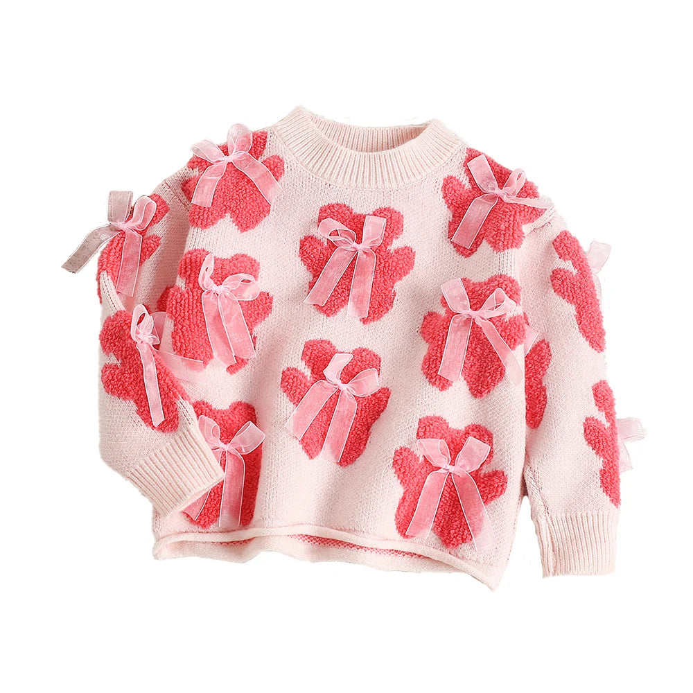 Mädchen Pullover aus gestricktem Material mit süßem Bär und Bogen