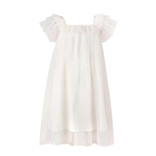 Beiges Sommerkleid für Mädchen im französischen Prinzessinnenstil mit kurzen Ärmeln – ideal für Geburtstagsfeiern und Hochzeiten, geeignet für Kinder von 110 cm bis 170 cm