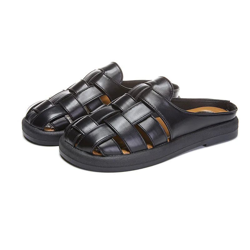 Damen-Hausschuhe mit geschlossenen Zehen, 2025, neue gewebte Plateau-Slip-on-Halbhausschuhe für Damen, Sommer, große weibliche Pantoletten