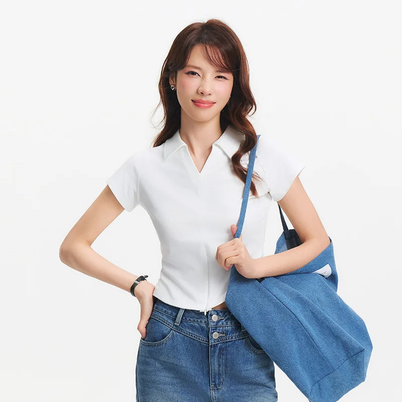 Semir Poloshirt für Damen, abgeschnittene Raglanärmel, schmale Passform, 2025, Sommer, neues einfarbiges Designer-Pendler-Top
