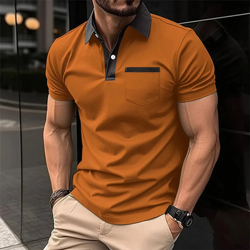 Herren-Casual-Poloshirt mit V-Ausschnitt und Knopfleiste – gestreiftes, vielseitiges Business-T-Shirt