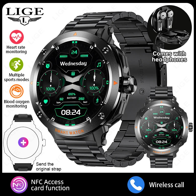 LIGE Neue TWS 2-in-1 Smart Uhr Mit Headset Bluetooth Anruf NFC Smartwatch Männer Herzfrequenz Blut sauerstoff Spielen Musik Ohrhörer Uhr