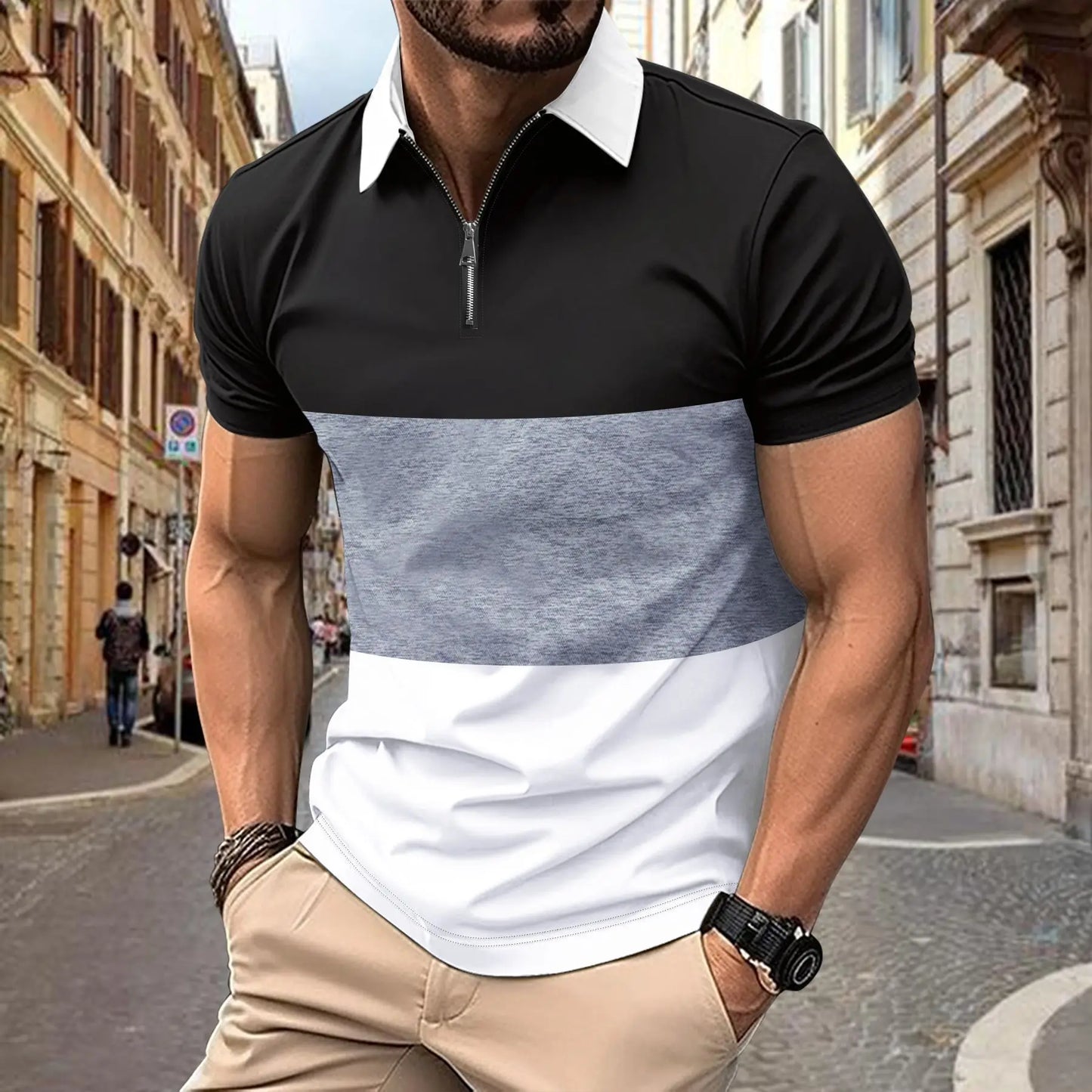 Kurzärmeliges Herren-Poloshirt mit Stehkragen im Camouflage-Design – lässig und in großen Größen erhältlich.