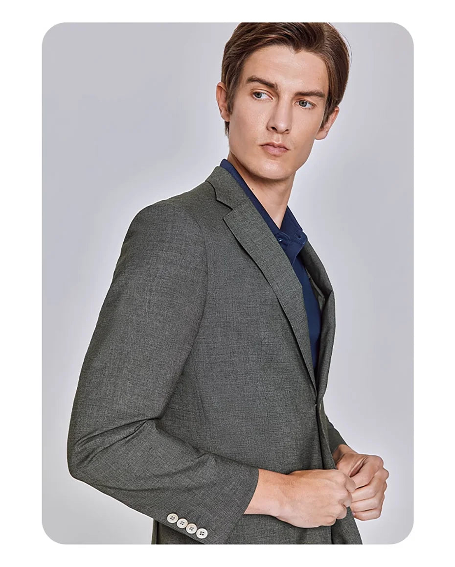 Herrenanzug-Set aus Leinen-Baumwoll-Mix mit Blazer und Hose im Slim-Stil – Sommerlich, Dünn, Doppelreihig, Langarm, Weiß Gestreift