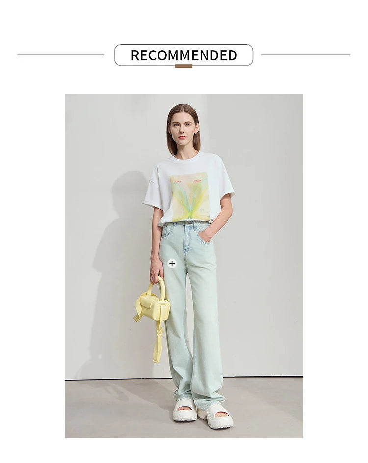 Damen T-Shirt im minimalistischen Stil mit Druck und Rundhals-Ausschnitt