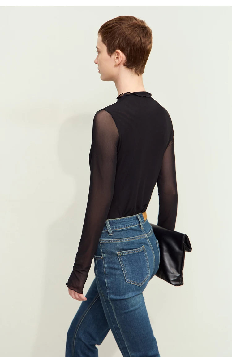 Damen Mesh-T-Shirt im minimalistischen Design mit halbhohem Ausschnitt