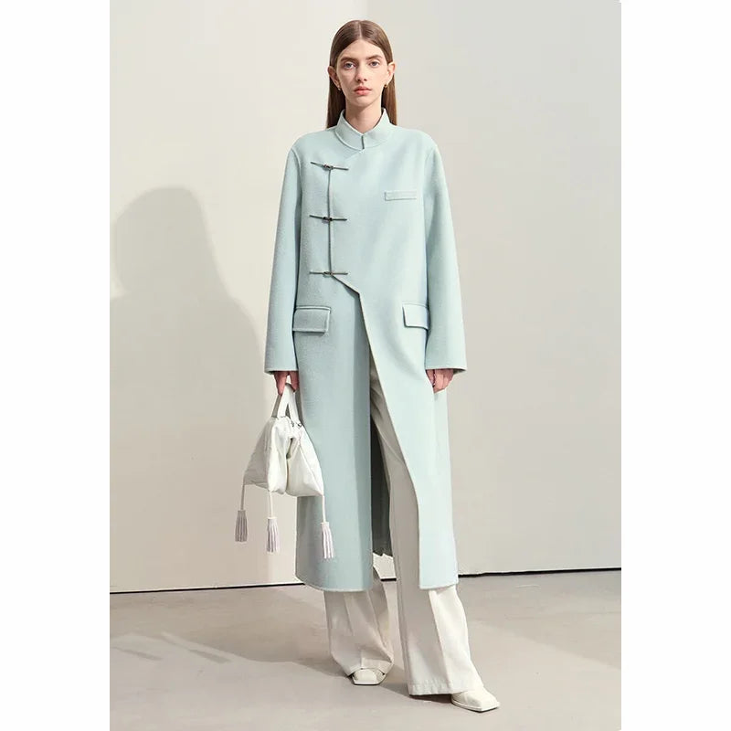 Damen Langer Mantel aus Wolle im minimalistischen chinesischen Stil mit Taschen