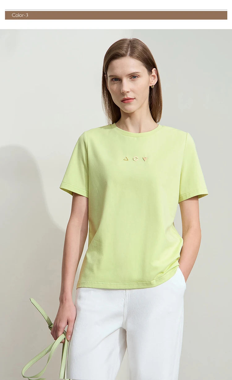 Damen T-Shirt mit O-Ausschnitt und geometrischer Dekoration aus antibakterieller Baumwolle