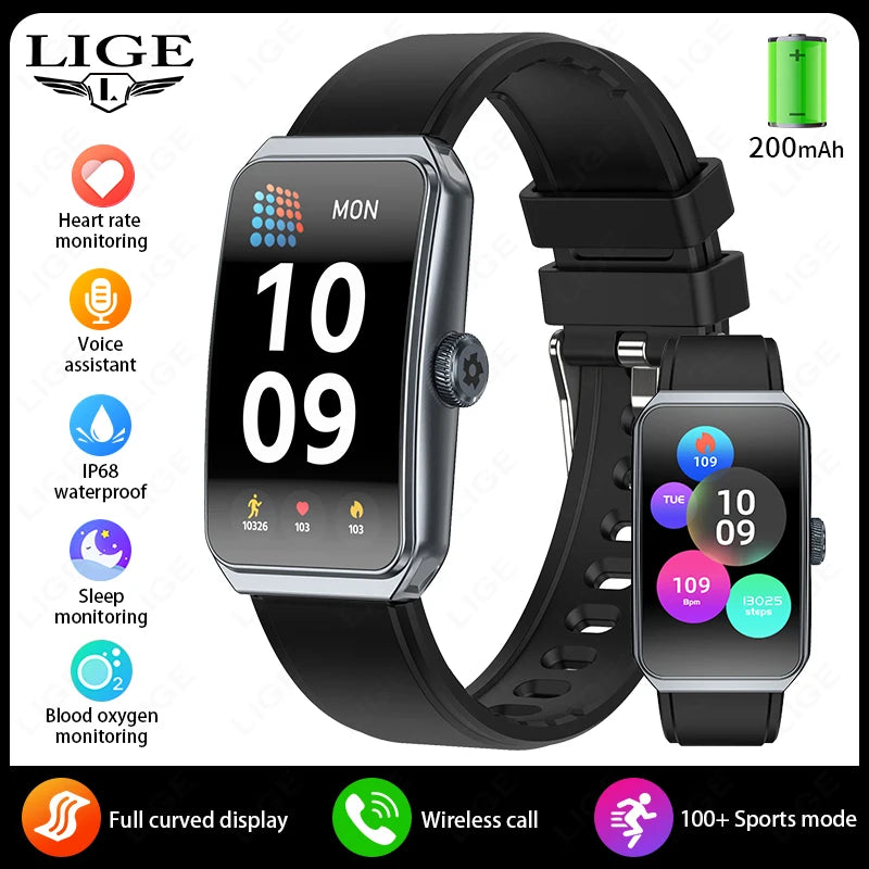 LIGE 1,47" 3D gebogener Bildschirm BT Anruf Musik Smart Watch IP68 wasserdicht Herzfrequenz Blutsauerstoff Frauen Smartwatch 100+ Zifferblatt