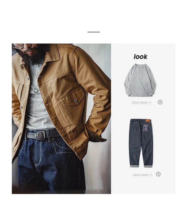 Herren Jeansjacke Vintage schwere Canvas Rancherjacken mit Kragen und Taschen
