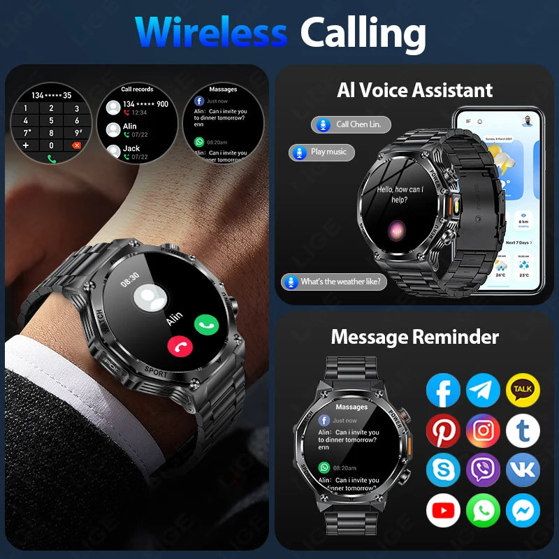Männer Smartwatch mit robuster LED Taschenlampe und Bluetooth-Anruf-Funktion