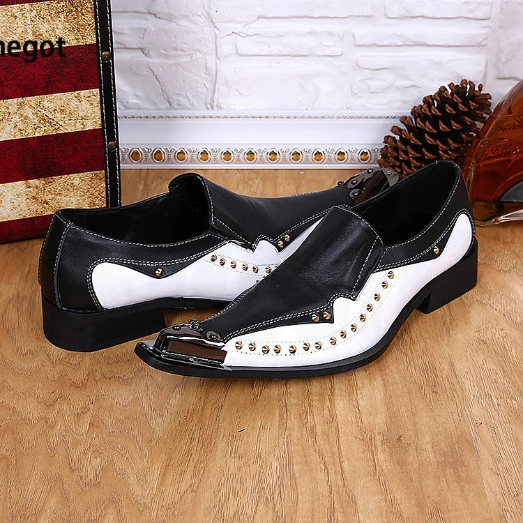 Gold Rivets Mixed Color Leather Men Shoes Pointed Toe Breathable Shoes Men Casual Shoes High Heels Personalized Men's Shoes