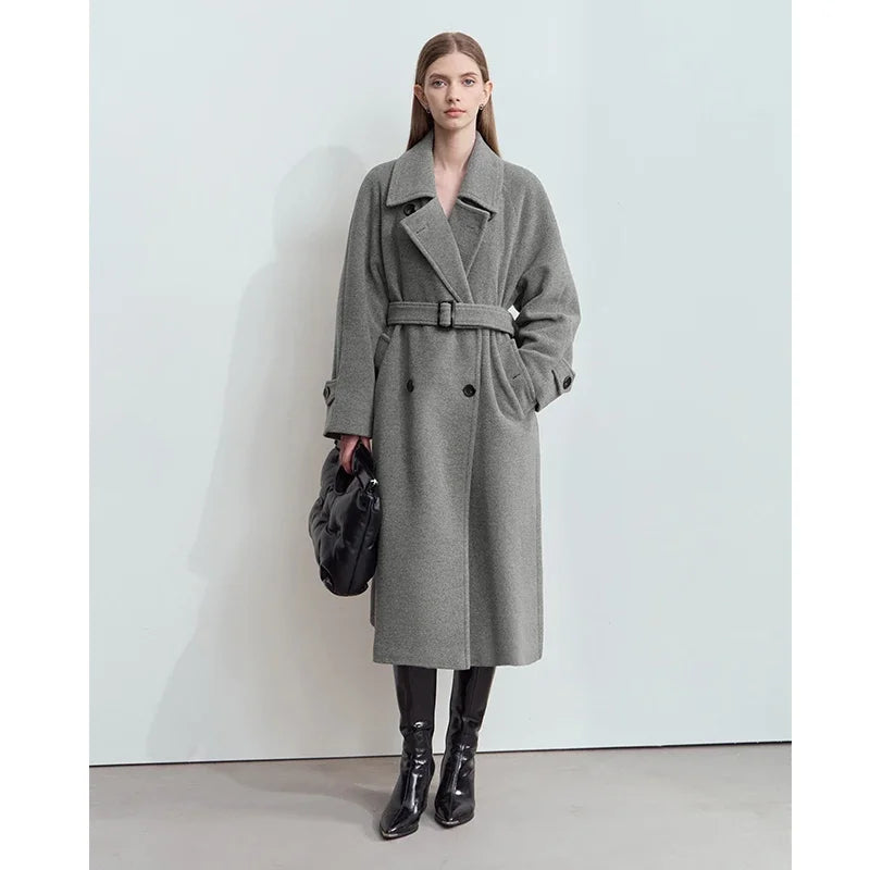 Damen langer Mantel im minimalistischen Retro-Stil mit Gürtel und Revers