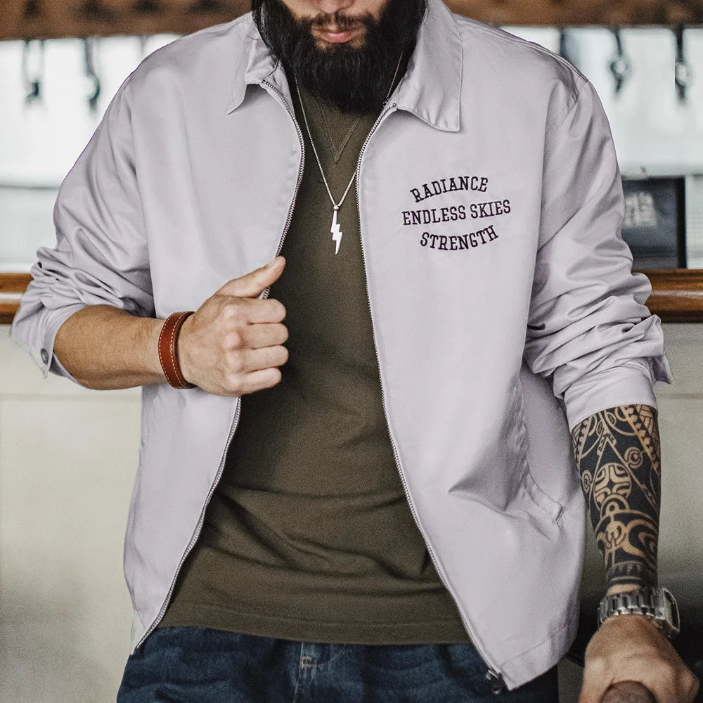 Herren Coach Jacke Vintage Gestickte Buchstaben Reißverschluss Notch-Revers Lässige Oberbekleidung
