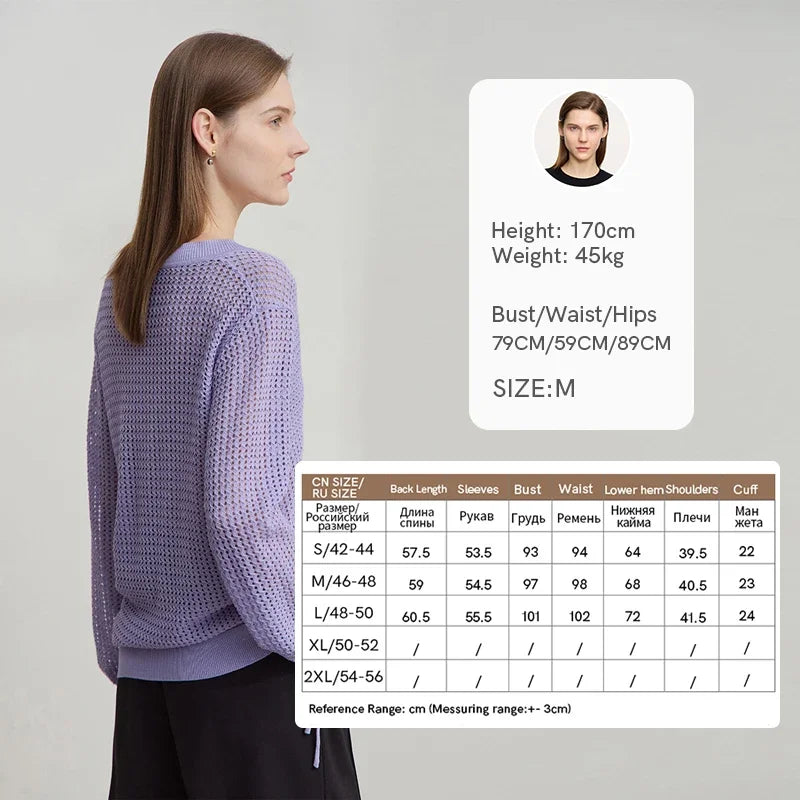 Lässiger Strickpullover mit V-Ausschnitt, offene Maschen, lange Ärmel, lila